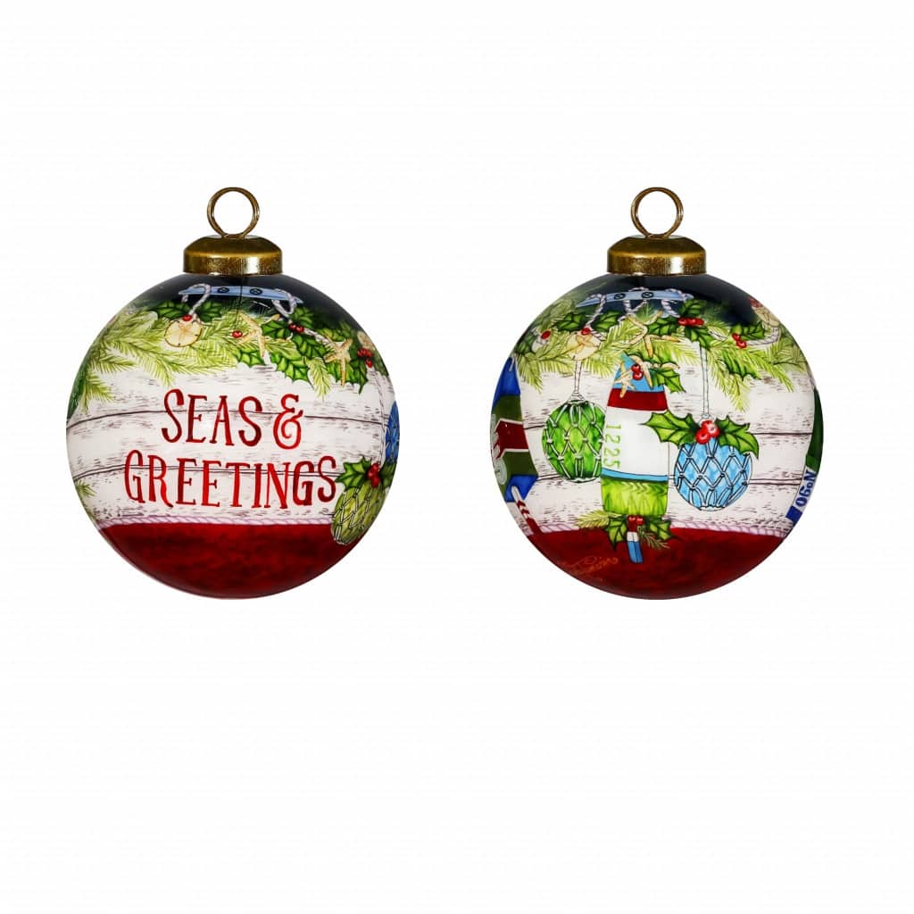 Holly Seas And Greetings Hand Painted Mouth Blown Glass Ornament - 3" x 3" x 3"