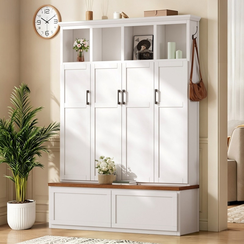 Modern All-in-One Hall Tree with 4 Hidden Cabinets, Mudroom Coat Rack and Open Shelves for Hallway