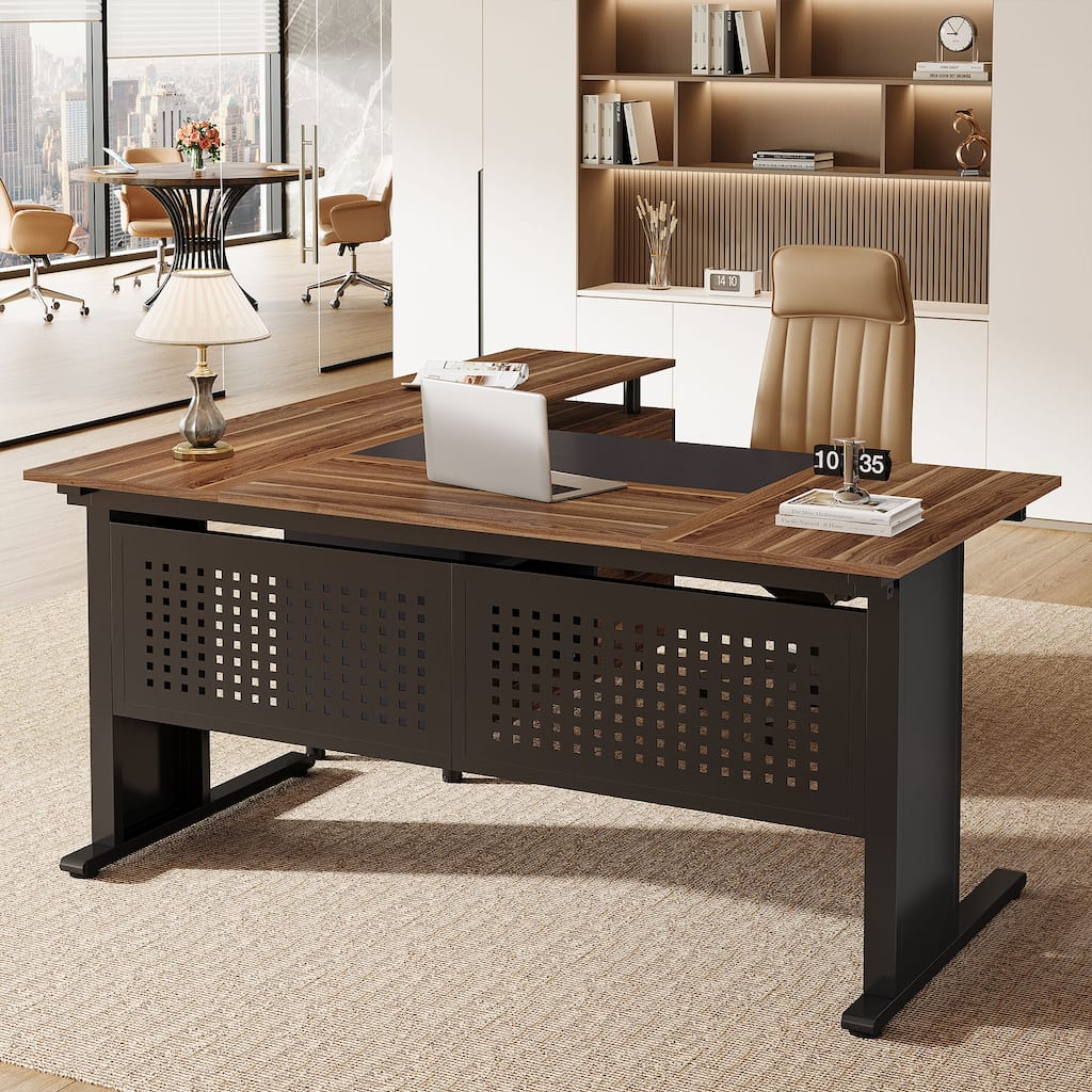 63-Inch L-Shaped Executive Desk with Storage Shelves
