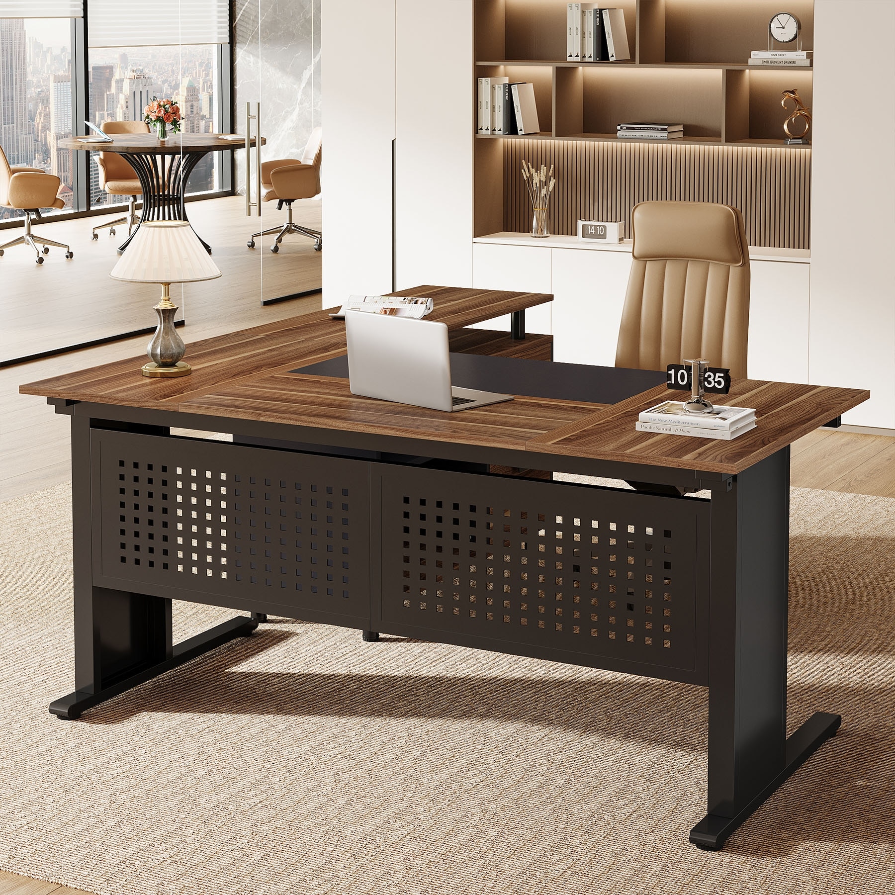 63-Inch L-Shaped Executive Desk with Storage Shelves