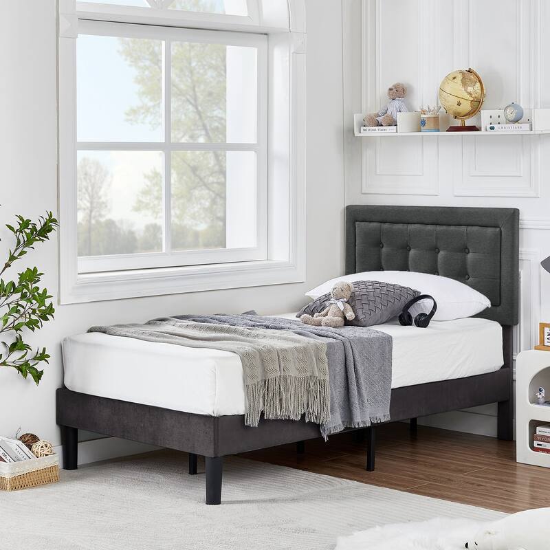 Javlergo Modern Upholstered Platform Bed Frame with Height Adjustable Tufted Headboard