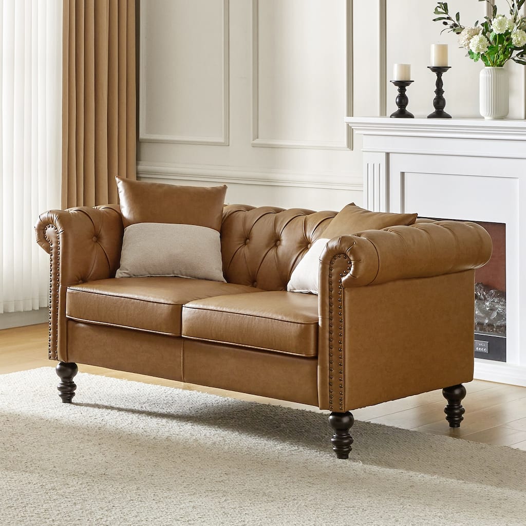 Faustina Traditional 62.2" Wide PU Leather Sofa with Solid Wood Legs and Two Throw Pillows by HULALA HOME