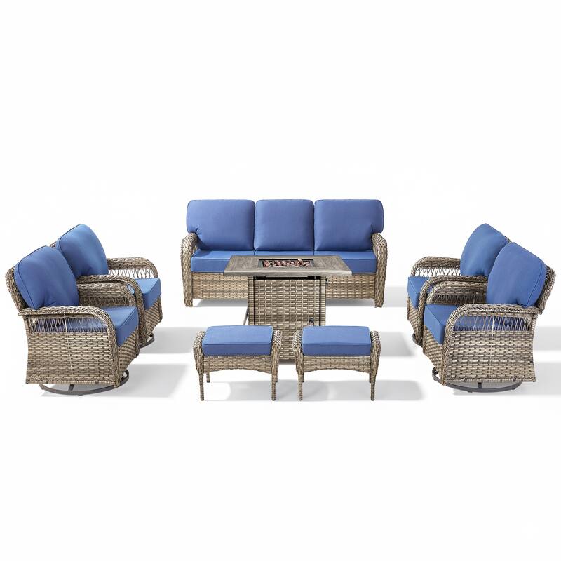 Pocassy Patio Outdoor Fire Table with Sofa Ottoman Swivel Chair Set.
