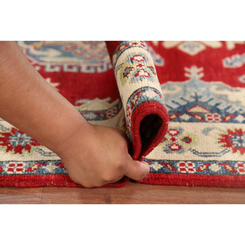 Red Geometric Kazak Rug Hand-Knotted Wool Carpet - 3'5" x 5'0"