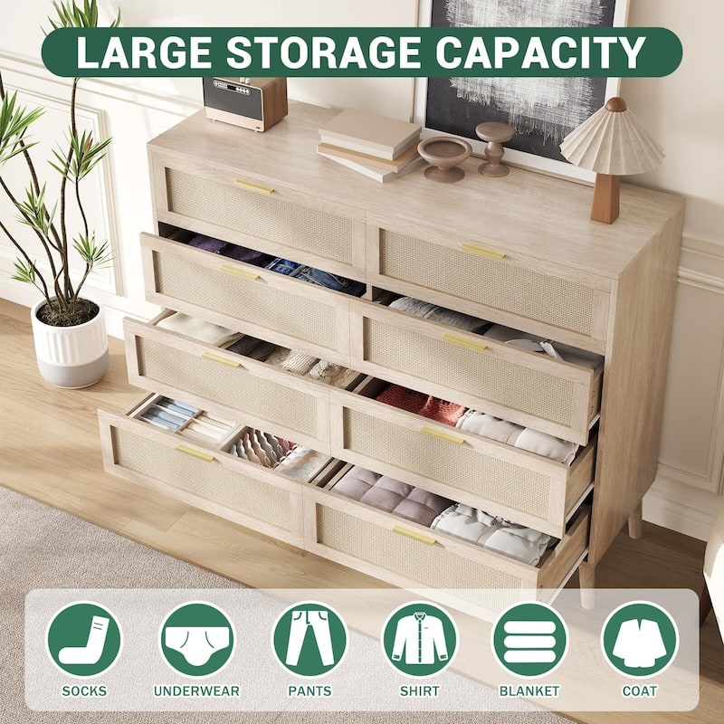 8 Drawer Dresser, Natural Rattan Dresser for Bedroom with 5 Strong Legs