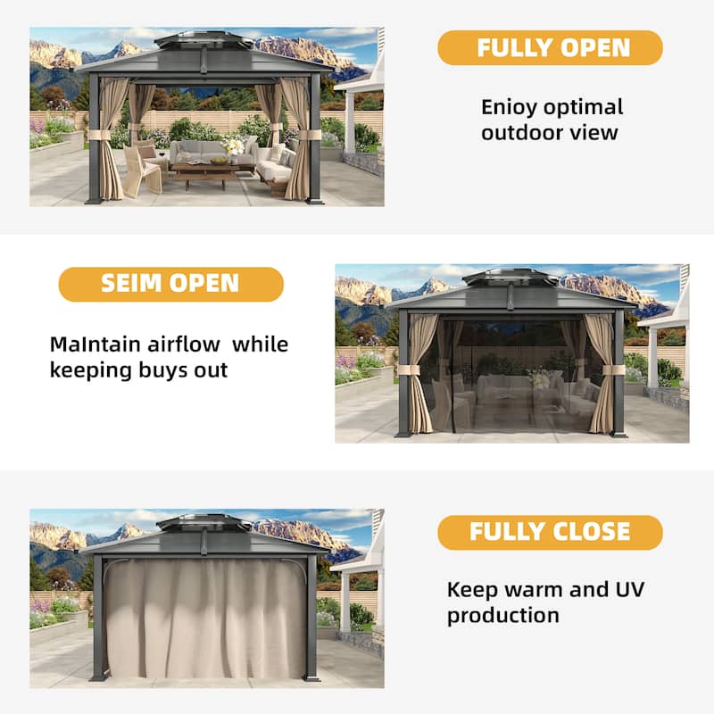 EROMMY Anti-Rust Coating Iron Hardtop Sun Shade Shelter Outdoor Canopy & Pergolas w/Curtains and Netting