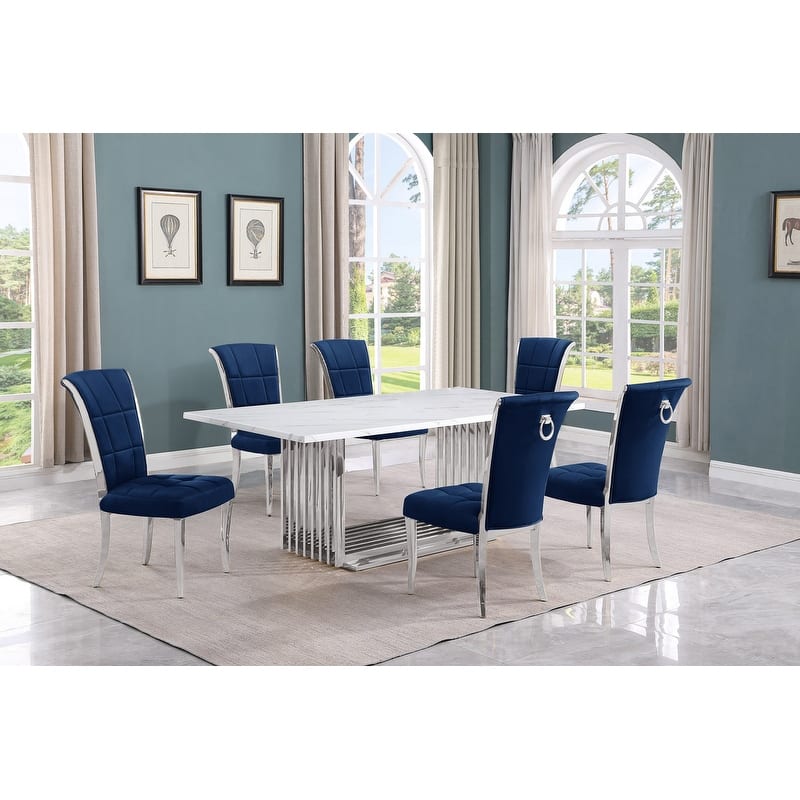 Best Quality Furniture D312/3-SC320-7 Dining Set with 79" White Marble Top