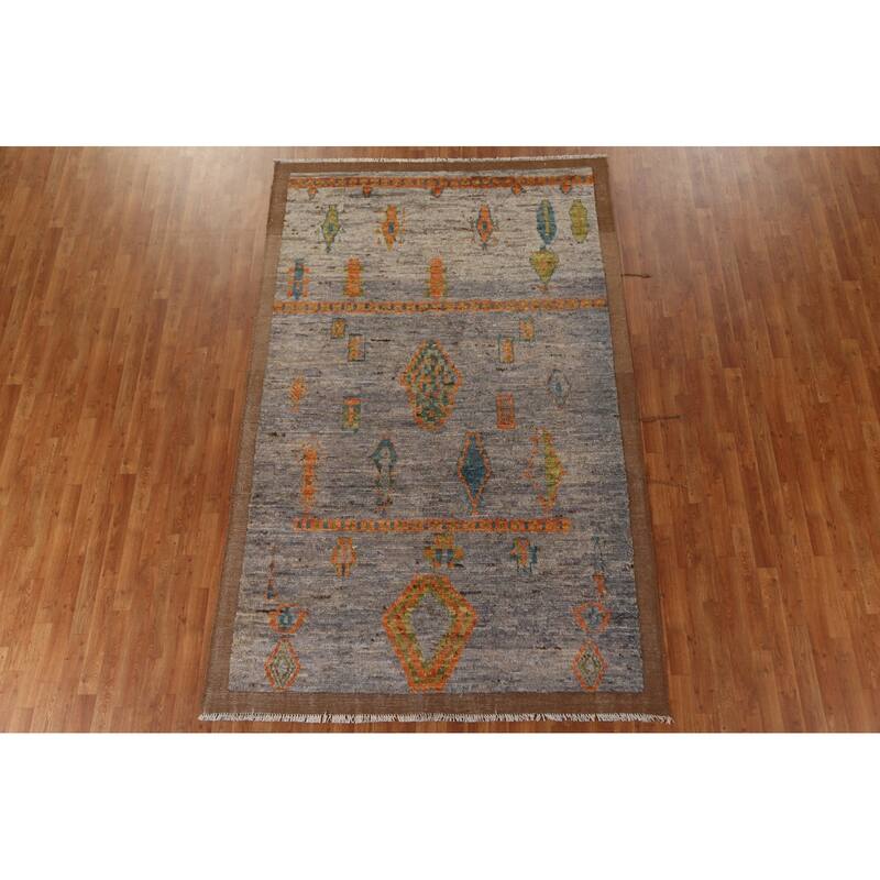 Hand Knotted Oriental 100% Wool Carpet Modern Tribal Greys & Charcoal Moroccan Area Rug - 9' 10'' X 6' 2''