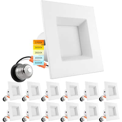 Luxrite 12 Pack 4 Inch Square Recessed LED Can Lights 5 Color Temperature Selectable Dimmable CRI 90 Wet Rated