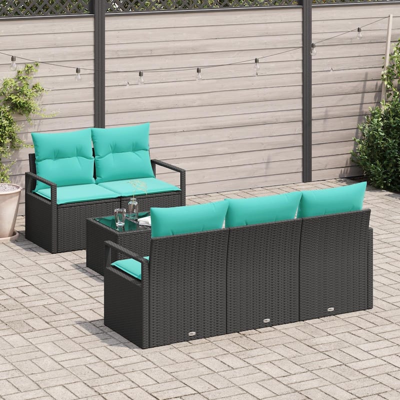 vidaXL 6 Garden Sofa Set with Cushions Black Poly Rattan - 68.9 x 24.4 x 27.2