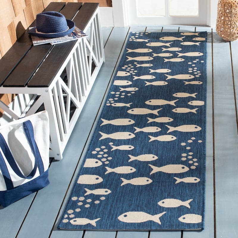 SAFAVIEH Courtyard Illa Indoor/ Outdoor Waterproof Patio Backyard Rug - 16' Runner - Navy/Beige