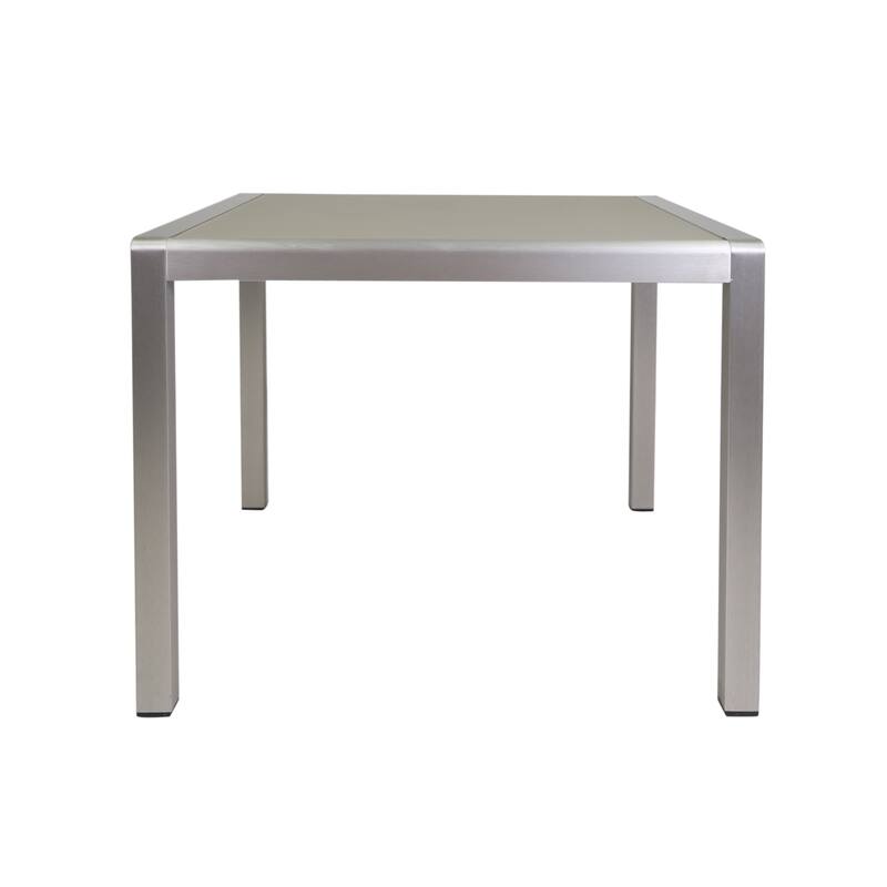 Roomfitters 35" Outdoor Dining Table with Anodized Aluminum Frame and Tempered Glass Tabletop, Square Design, Silver Finish