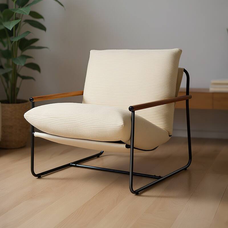 Modern Corduroy Accent Chair with Iron Frame and Solid Wood Armrests for Living Room - 34.6 x 29.5 x 33.46 in
