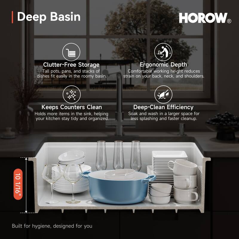 HOROW 33 in. Farmhouse Single Bowl White Ceramic Kitchen Sink with Front Apron, Workstation, Bottom Grid and Strainer