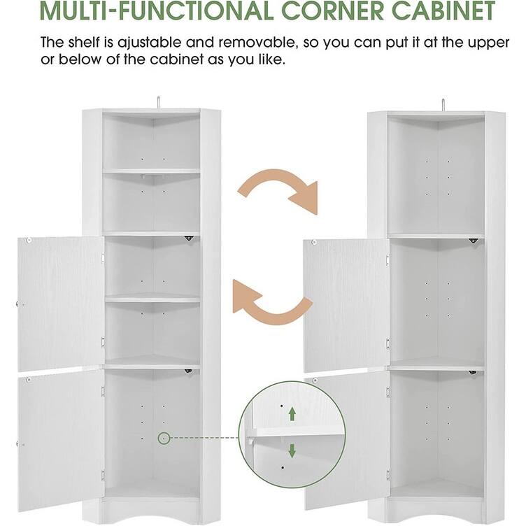 Home Tall Corner Cabinet with 2 Doors and 2 Tiers of Outside Shelves, Freestanding Storage Cabinet with Adjustable Shelves