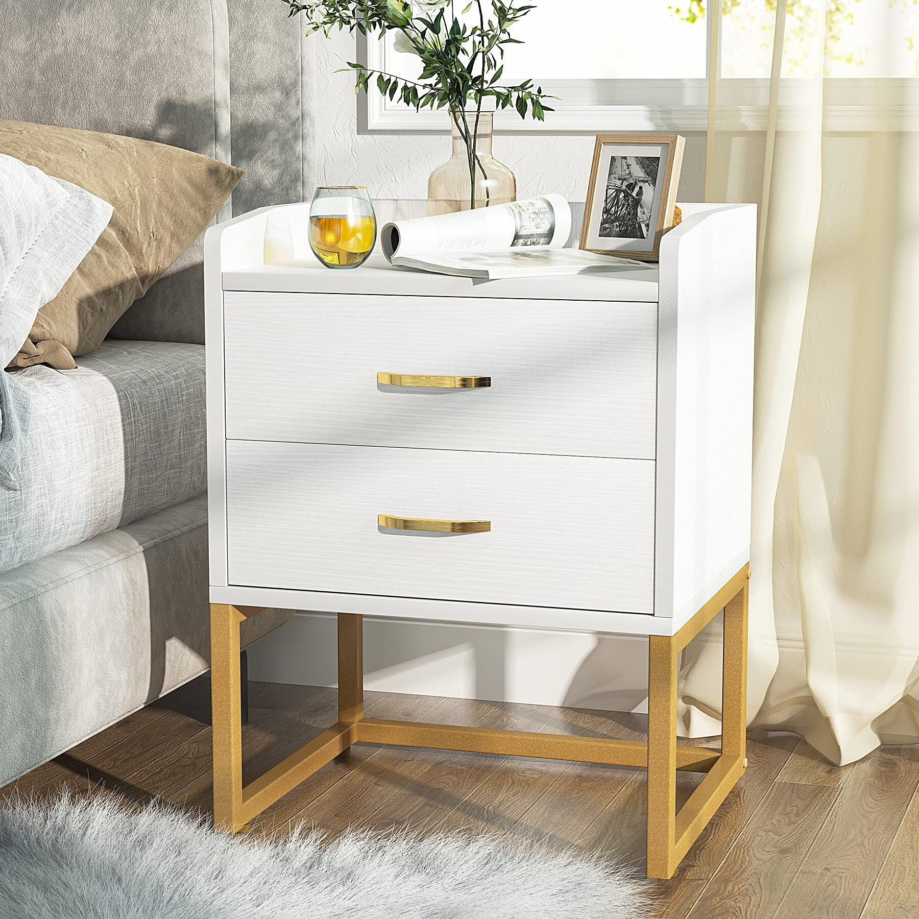 White and Gold Nightstand Modern Night Stands Bedside Table with 2 Drawers Wood Side Table End Table for Bedrooms