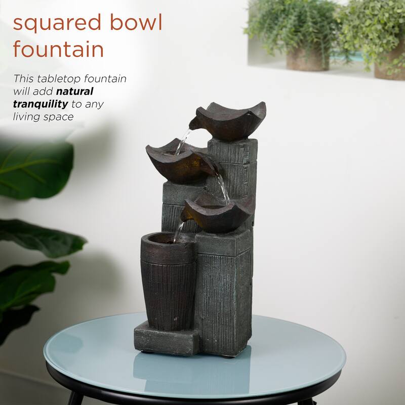 Alpine Corporation TZL414 14" 4 Tier Squared Bowls Fountain with LED Lights for Home, Office, and Desk Decor, Grey