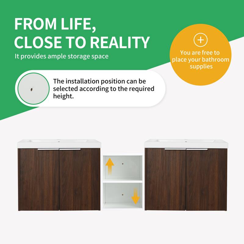 BNK 12/24/36/48/60 Inch Wall-Mounted Bathroom Vanity, Bathroom Cabinet with Doors or Side Shelves