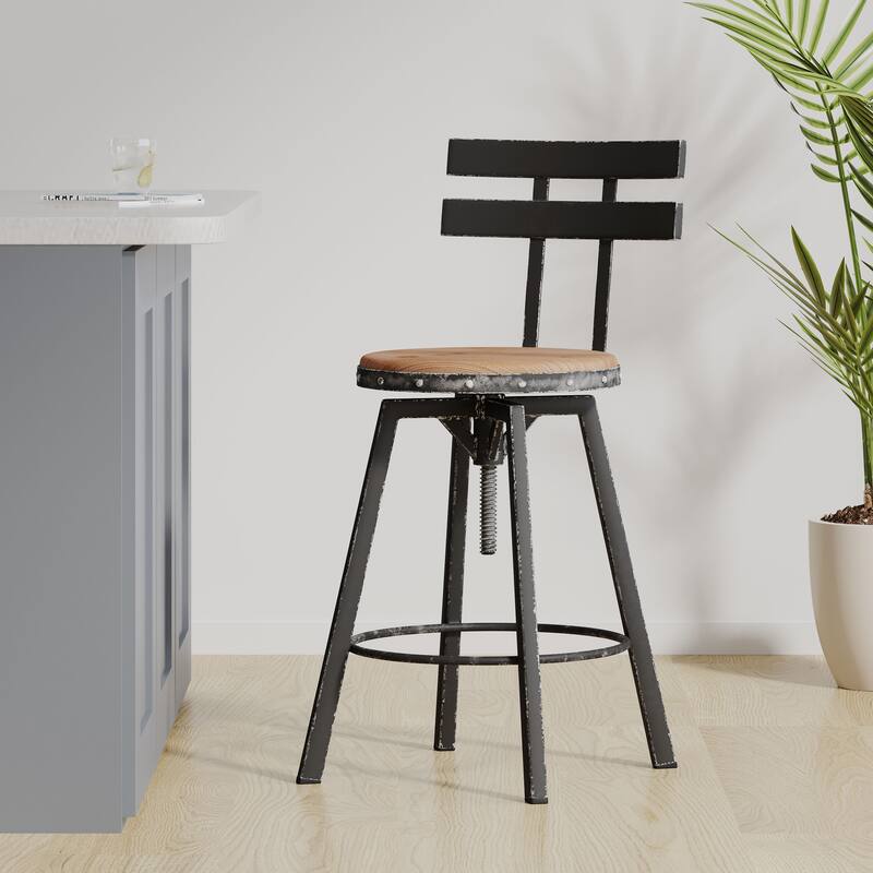Rustic Metal Frame Bar Chair with Wooden Seat & Foot Rest - Black