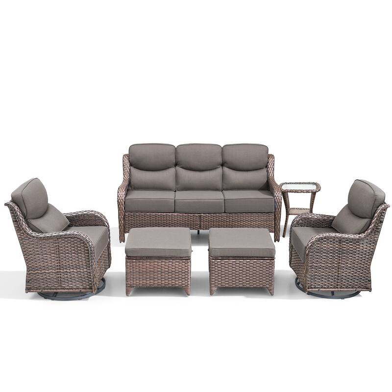 Meyreso 6-Piece Wicker Patio Conversation Set with Swivel Gliders and 6-Inch Thick Olefin Cushions