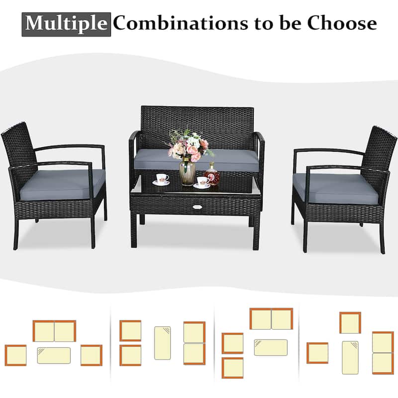 Costway 4PCS Patio Rattan Wicker Furniture Set Loveseat Sofa Cushioned - See Details