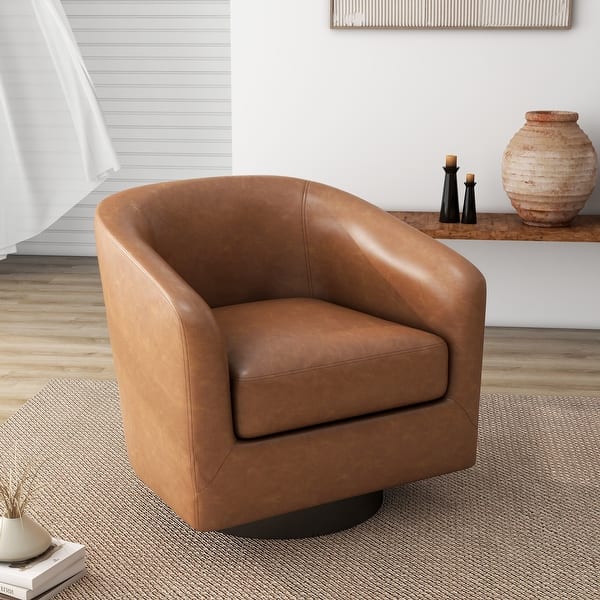 Round Barrel Armchair 360-Degree Swivel Accent Chairs - 28.26" x 25.32"x 26.55" - Brown(PU)