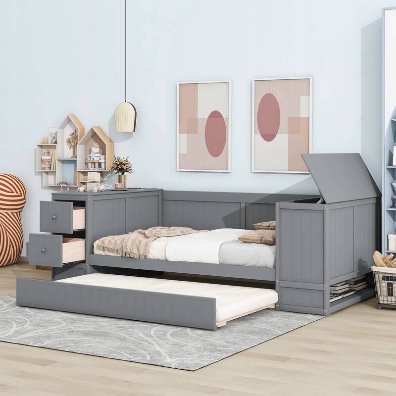 Twin Size Daybed with Storage, Trundle, and Charging Station in Gray