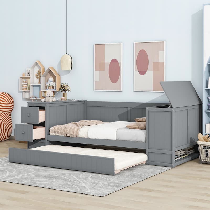 Wooden Bed Frame Low-Profile Daybed with Storage Arms and Charging Station, Trundle Bed with Wood Slat for Bedroom/Apartment