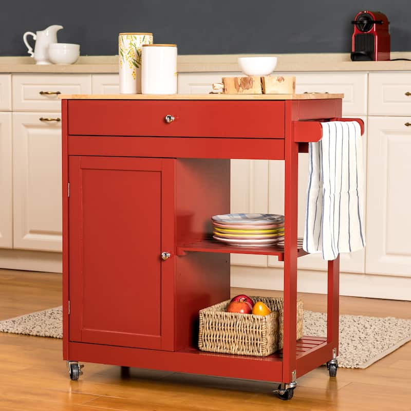 Glitzhome 35"H Modern Rolling Trolley Storage Kitchen Island Cart with Wheels - Red