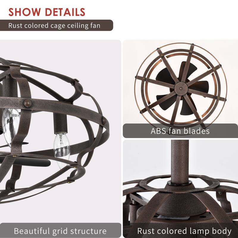 Cusp Barn Modern Enclosed Caged Ceiling Fan with Remote Control, Farmhouse Bladeless Rust Industrial Light Fixture for Bedroom