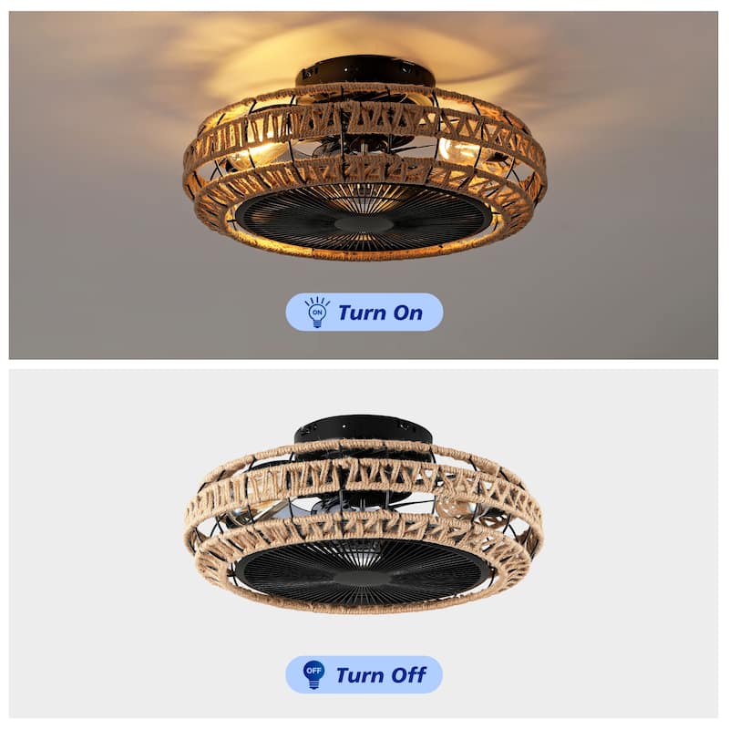 20" Caged Ceiling Fans Flush Mount,Low Profile Fabric Farmhouse Ceiling Fan with Remote Control - N/A - Black(Bulbs not included)