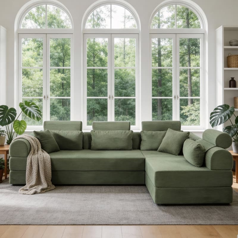 106.3" L-Shaped Corduroy Sectional Sofa with Pillows, No Assembly Required