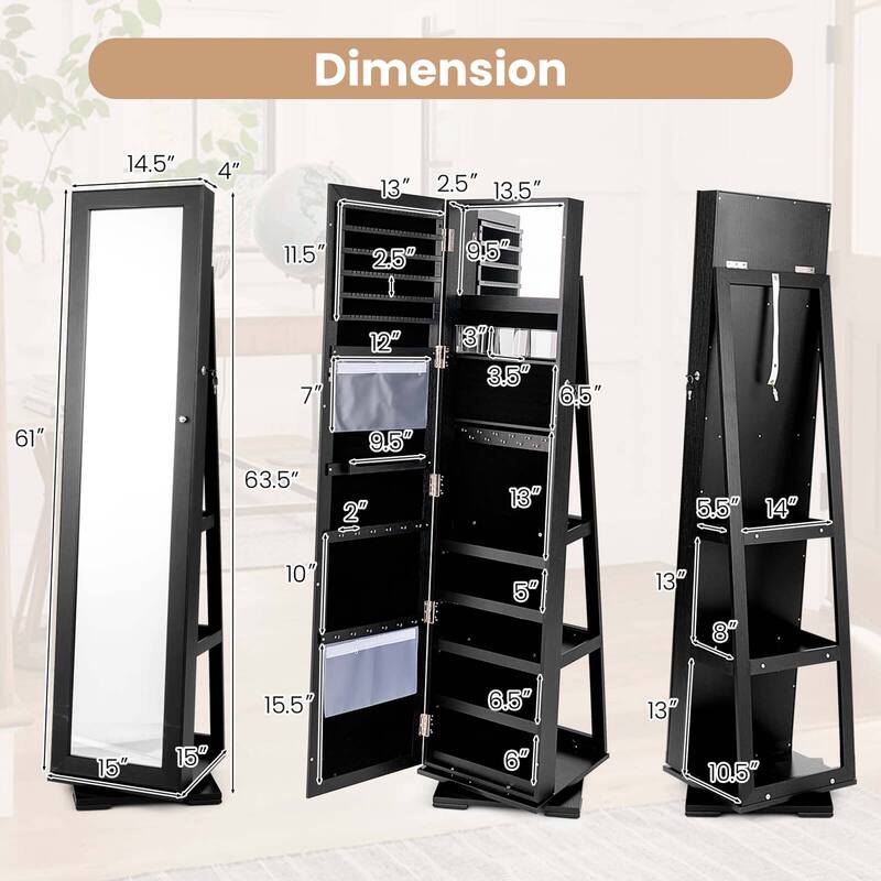 Costway 360degree Rotatable Jewelry Cabinet 2-in-1 Lockable Mirrored - See Details