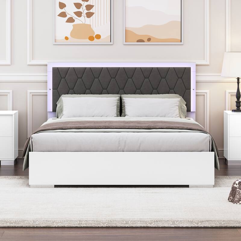 Modern Platform Bed with with Velvet Headboard - White