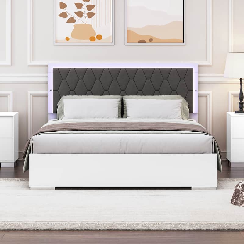 Queen Size Velvet Bed with LED Light and Headboard
