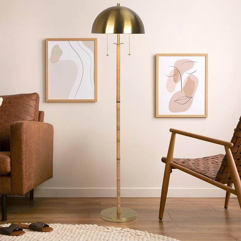 Allure 2-Light Floor Lamp, Gold Brass, Natural Rattan Tube, Double On/Off Pull Chain - Gold,Rattan