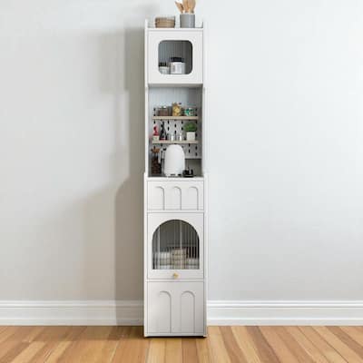 70" Tall White Storage Cabinet with Glass Door Hutch, Pegboard & Drawers for Kitchen, Entryway or Bedroom