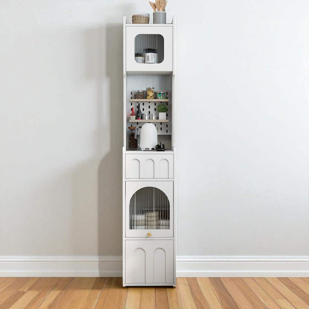 70" Tall White Storage Cabinet with Glass Door Hutch, Pegboard & Drawers for Kitchen, Entryway or Bedroom