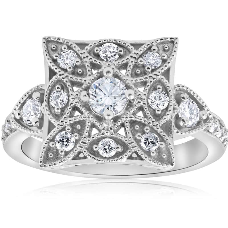 1/2ct Vintage Diamond Ring Square Framed Filigree Band White Gold