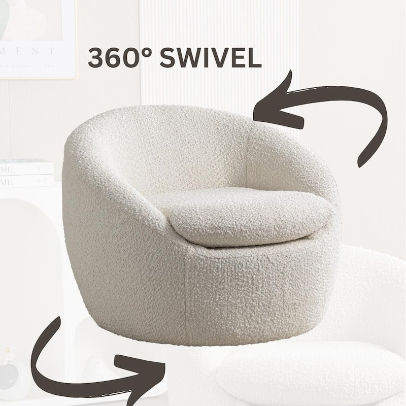 Cream White Modern 31" Boucle Upholstered Barrel Chair with 360° Swivel and Round Metal Base