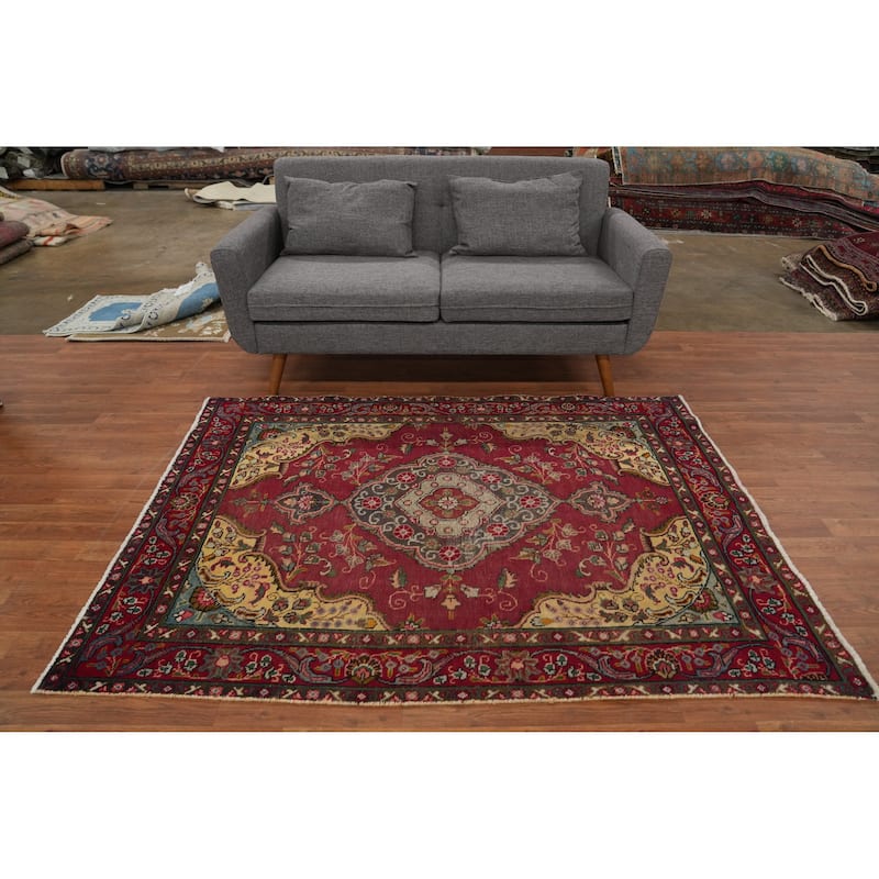 Hand Knotted Oriental 100% Wool Carpet Traditional Floral Red Tabriz Area Rug - 6' 2'' X 4' 7''