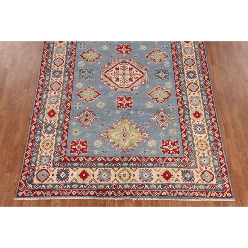 Light Blue Kazak Area Rug Living Room Hand-Knotted Wool Carpet - 6'8" x 9'9"