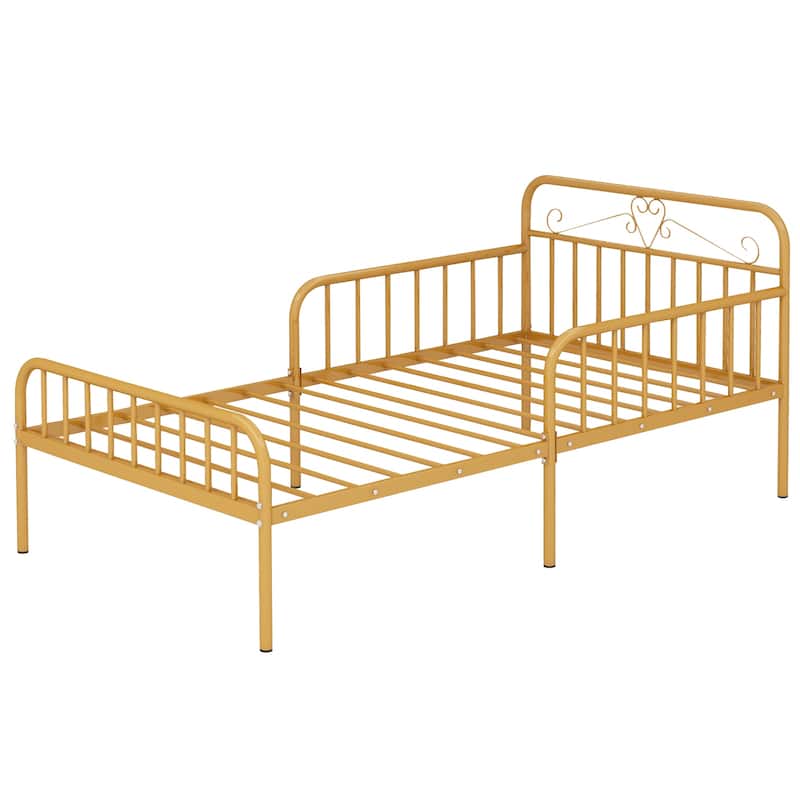 14 Metal Slats Twin Size Bed Frame with Headboard and Safety Side Guardrails - Gold