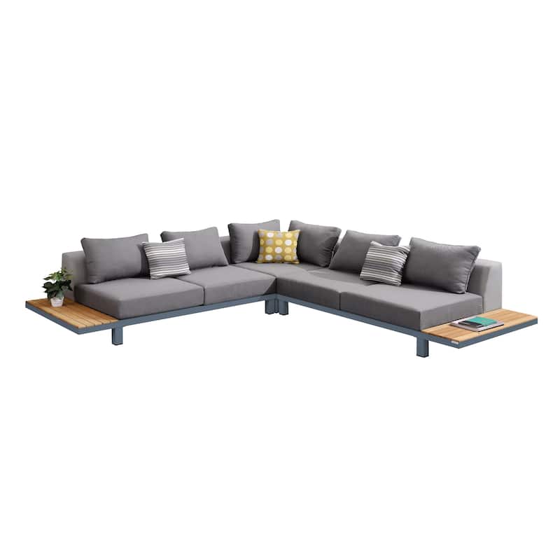 Polo Mid Century Modern Aluminum and Teak 4 Piece Outdoor Patio Sectional Set