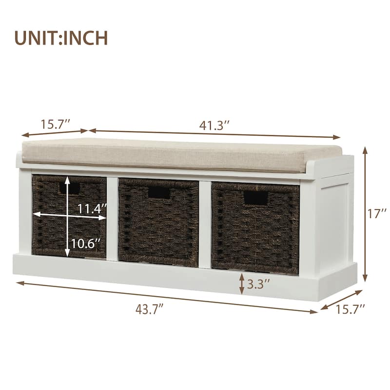 Entryway Bench with 3 Removable Classic Rattan Baskets - 43.7"L x 15.7"W x 17"H