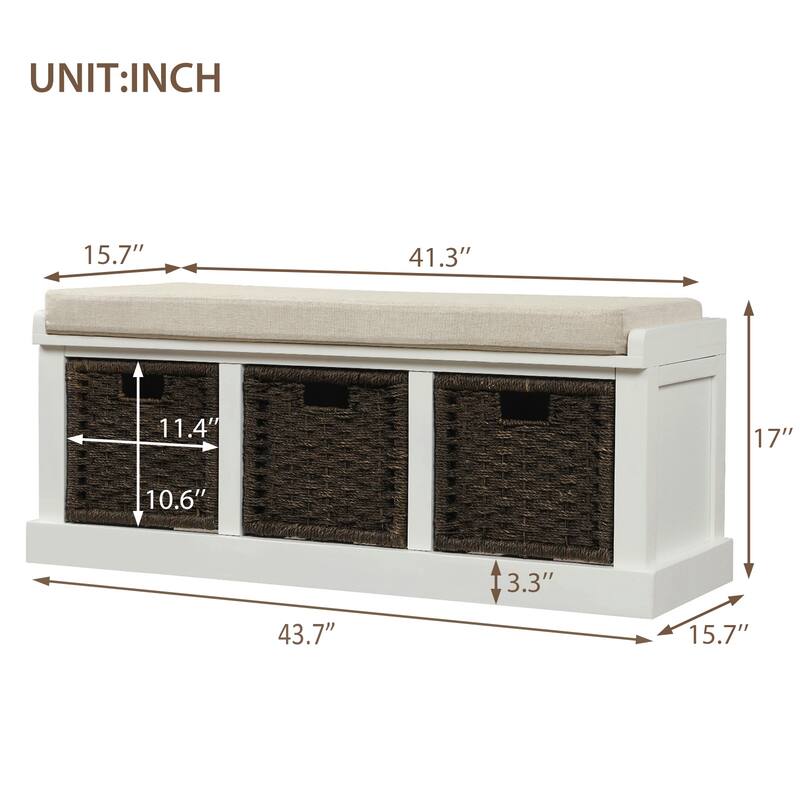Rustic Storage Bench with 3 Removable Classic Rattan Basket , Entryway Bench with Removable Cushion