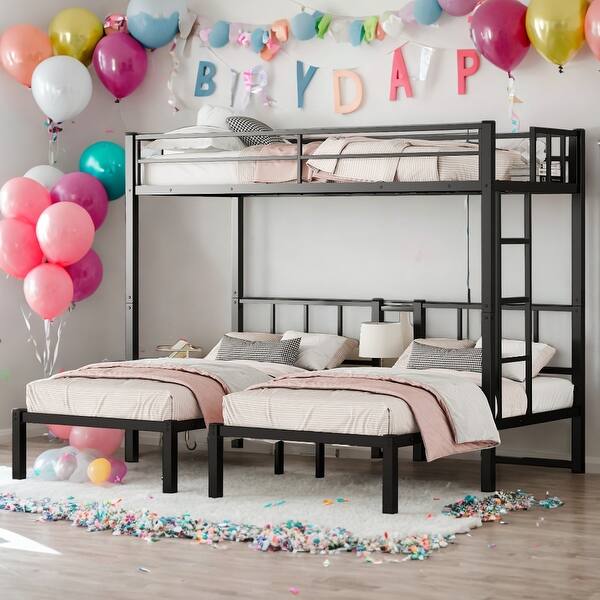 slide 2 of 10, Industrial Modern Twin XL over Twin & Twin Bunk Bed Metal Detachable Triple Bunk Bed With Guardrails and Exchange Ladder, Black Black