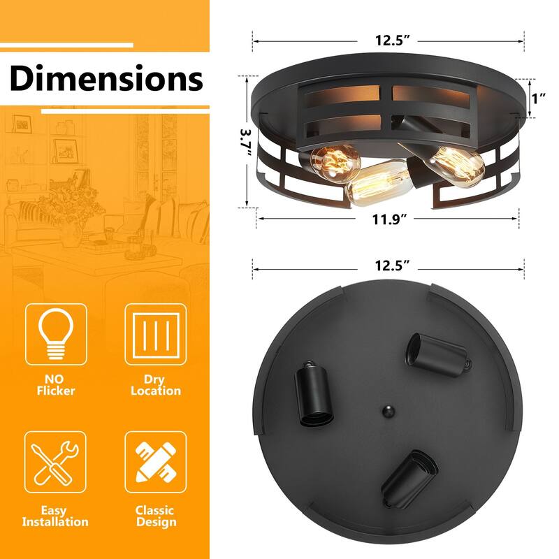 3-Light Black Farmhouse Flush Mount Ceiling Light-2 Pack For Bedroom/Living Room(Matte Black)