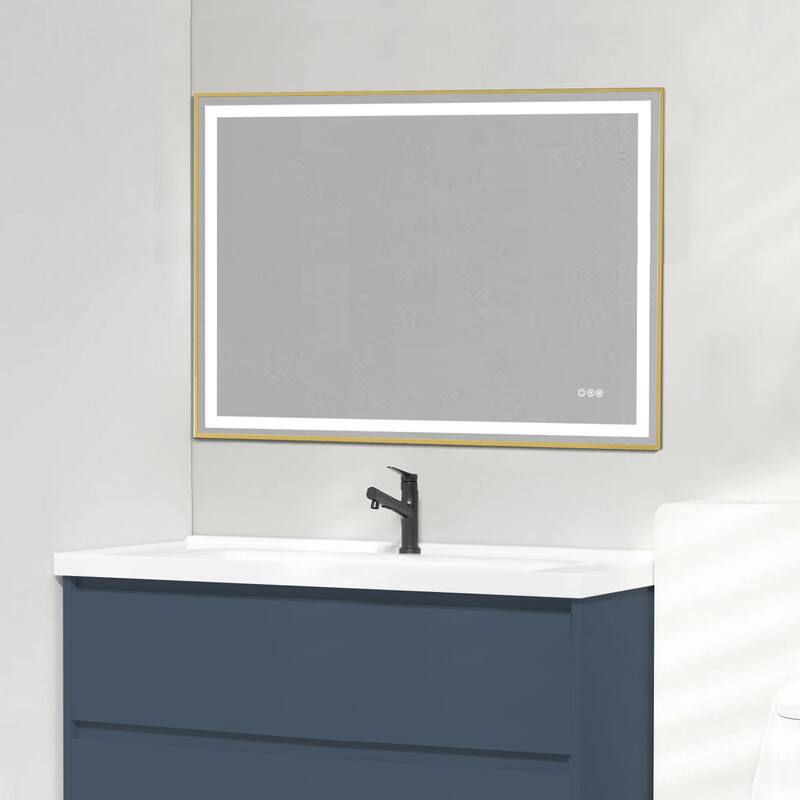 Topcraft Gold Framed Tempered Glass Mirror with Dual LED Strip Lighting