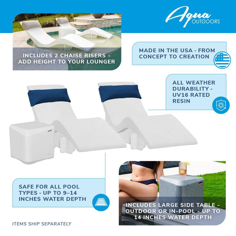 Aqua Outdoors inPool Chaise Set-Two Chaises-Two Pillows-Two Chaise Risers-One Large in Pool Side Table - ledges 9"-14"in Deep